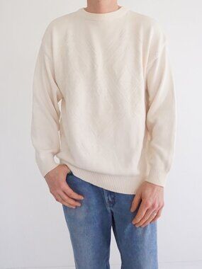 Vintage Intersect Cream Textured Geometric Knit Cotton Grandpa Sweater Mens XL M